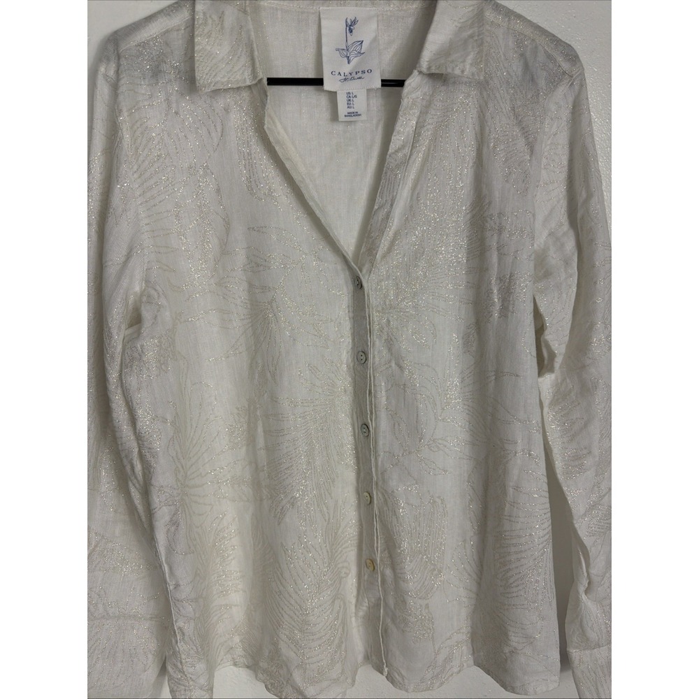 Calypso st barth White/silver shimmering‎ Tropical Print Button Up Linen shirt L